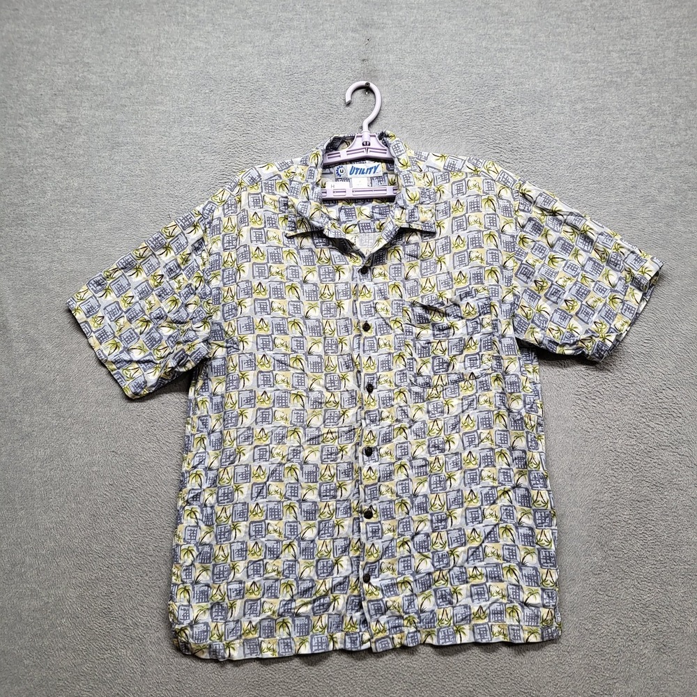 Utility Men Button Up Shirt M Gray Geometric Hawaiian Shirt Short Sleeve